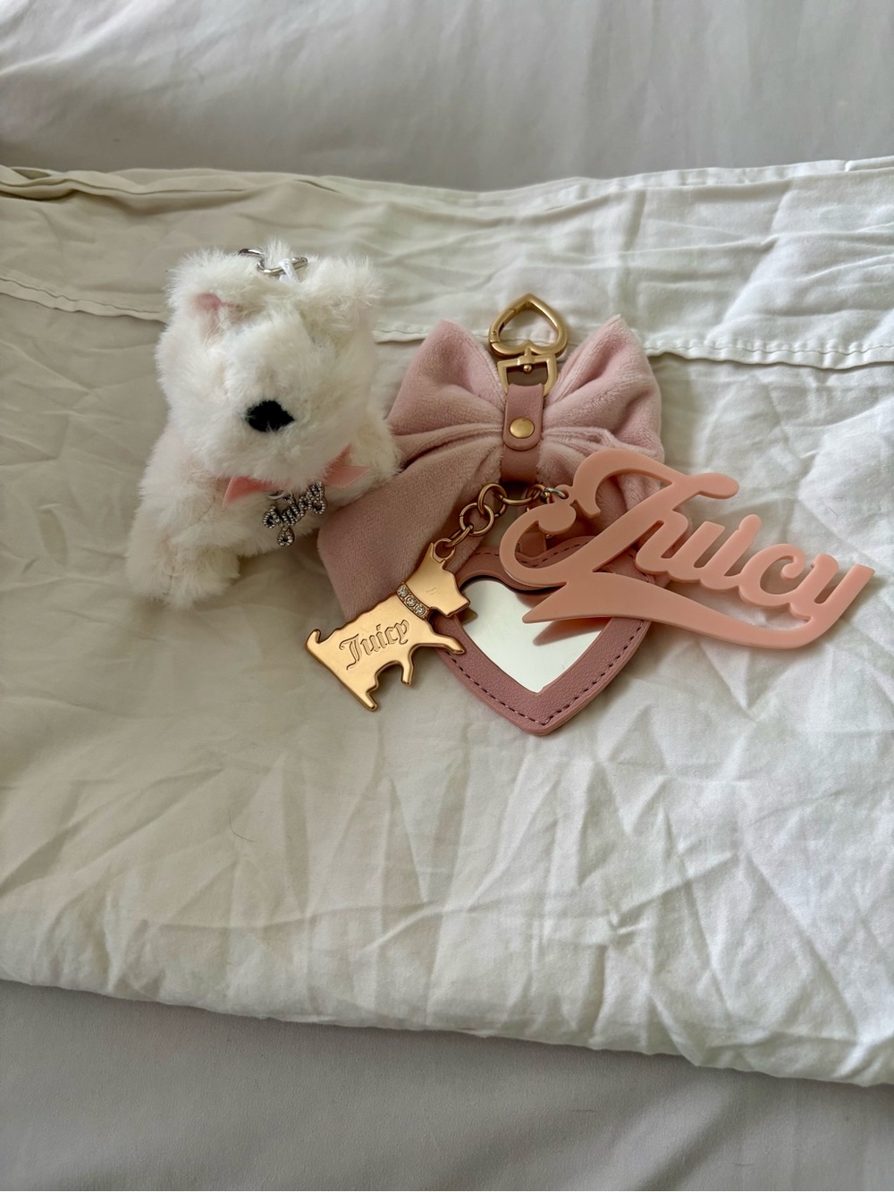 Juicy Couture Pink Bow Heart Mirror Keychain with Plush Dog Charm